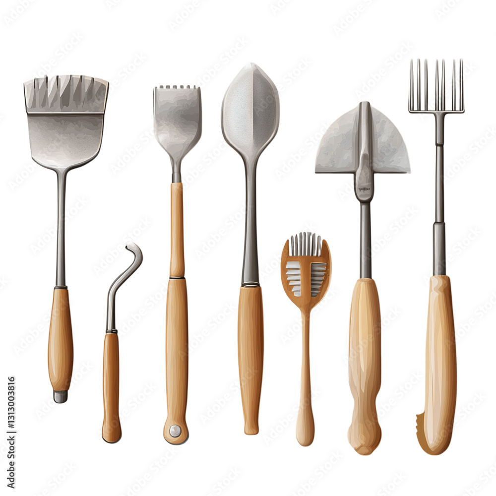 Poster garden tool set with ergonomic handles isolated on transparent background