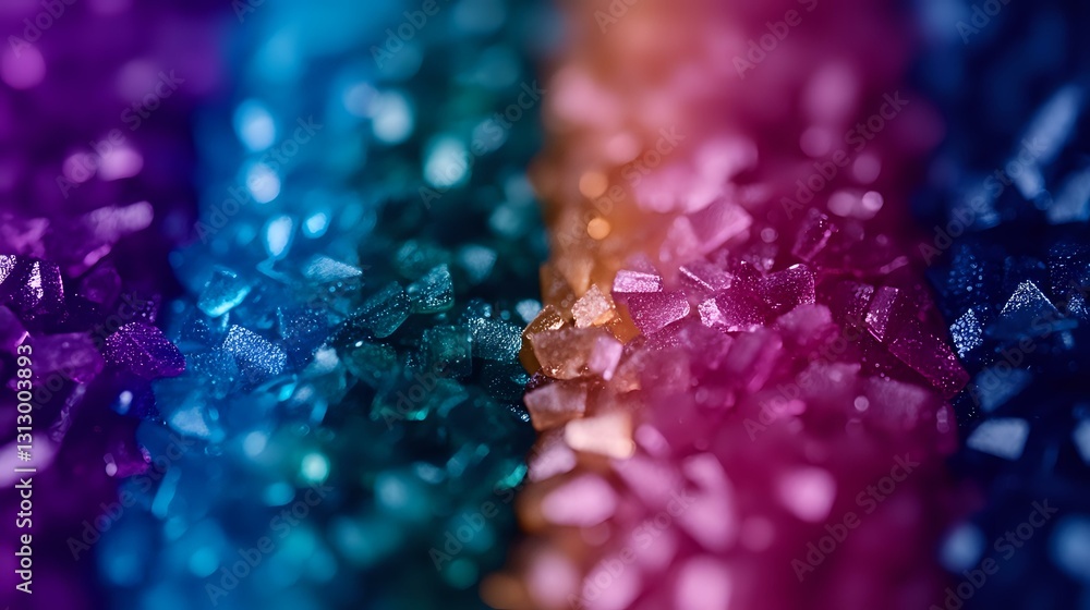 Poster vibrant macro shot of colorful crystal formations with purple, blue and pink hues creating abstract 