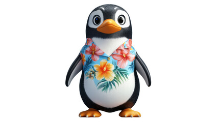 Fototapeta premium Cartoon penguin wearing hawaiian shirt on transparent background