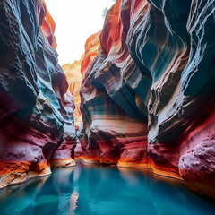 gorge with colorful rocks on a sunny day, turquoise water below