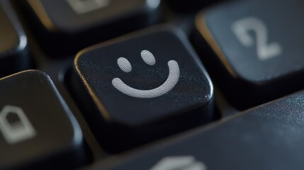 Fototapeta premium Happy keyboard key, online positivity, close-up, technology background, website design