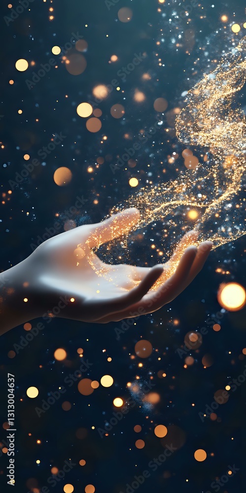 Poster magical glowing golden particles flowing from an outstretched hand against dark background with boke
