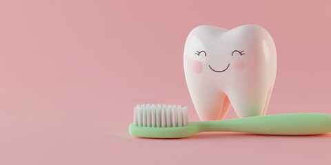 Happy tooth, toothbrush, pink background, dental hygiene, kids