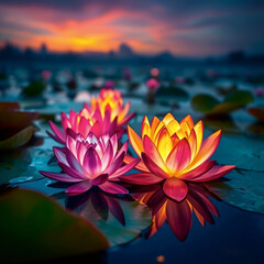 colorful colorful glowing water lily flowers on pond at dusk in evening