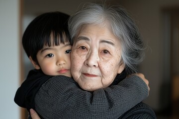 Asian elderly woman embracing asian child in warm hug at home. Symbol of family love, generational bonds, and happiness. Perfect for concepts of childhood, senior life and family values.