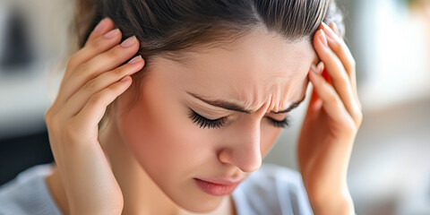Obraz premium Woman with Headache, Migraine and Stress Concept