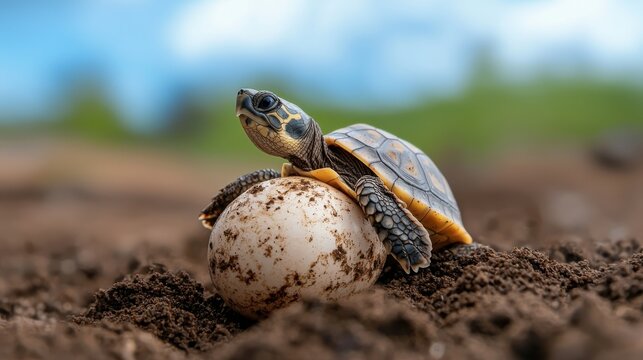 A baby turtle is laying on top of an egg