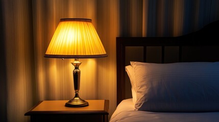 A dimly lit room featuring a classic bedside lamp casting a warm glow on a cozy bed.