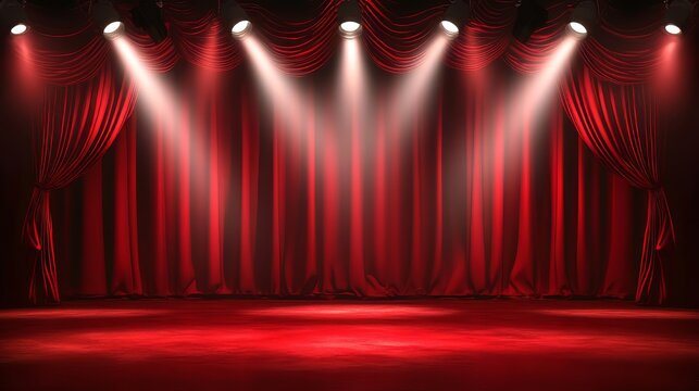 A red curtain with lights shining on it, creating a dramatic and theatrical atmosphere. The curtain is wide open, revealing a stage that is empty and ready for a performance