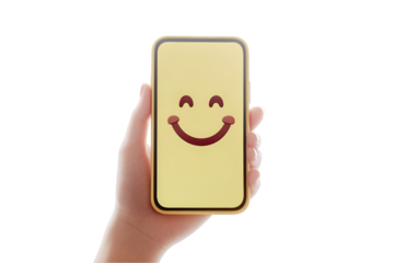 Happy hand holding a smiling phone joyful digital emoji