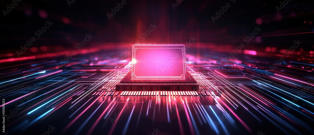 Poster laptop with glowing screen showcasing a modern design and advanced technology in a creative workspac
