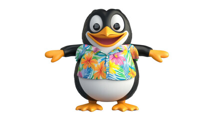 Fototapeta premium Happy cartoon penguin wearing hawaiian shirt with open arms on transparent background