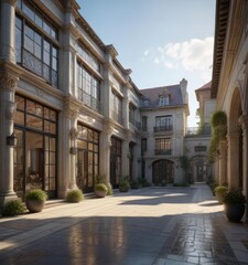 Luxury home with many windows and a large courtyard , luxury home, many windows, greenery