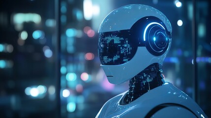 Futuristic Robot AI Digital Art Modern Technology White Blue Neon Lights Cityscape Background Advanced Artificial Intelligence Cyberpunk Digital      