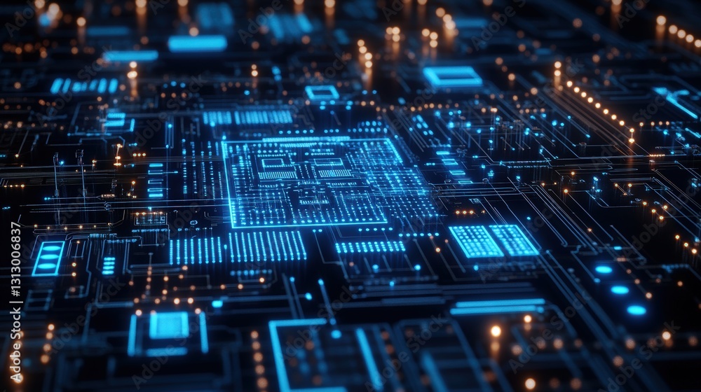 Poster high-tech circuit board with striking blue lights illuminating intricate digital patterns and connec