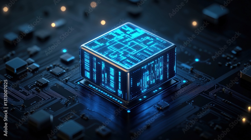 Poster futuristic cube resting on a complex circuit board design surrounded by glowing lights and digital p