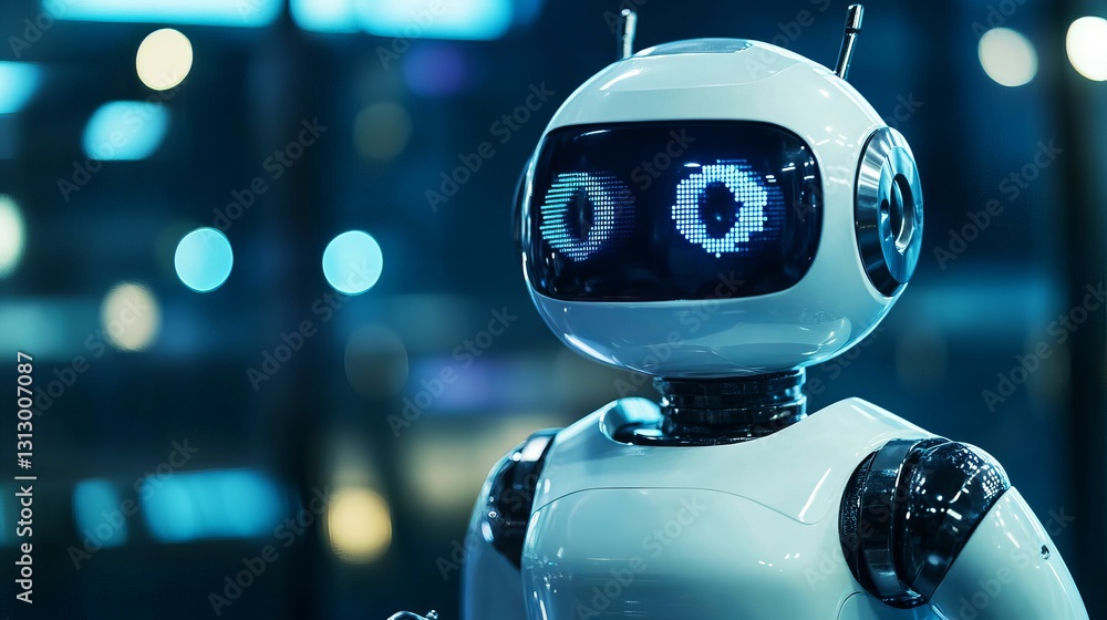 Poster advanced robotic technology futuristic white robot digital display screen artificial intelligence mo
