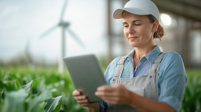Confident female farmer wearing overalls and baseball cap using digital tablet in corn field, wind turbine providing sustainable energy in background, showcasing modern agriculture and technology