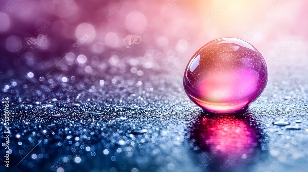 Poster abstract glass orb on wet surface with bokeh background