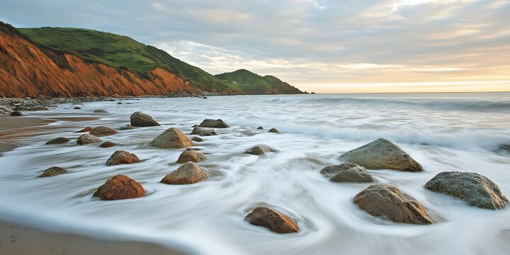 Serene Coastal Scene Rocks Beach Sunrise