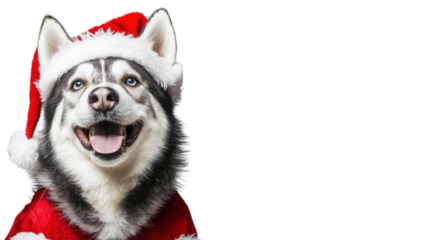 Smiling husky dog wearing christmas costume on transparent background
