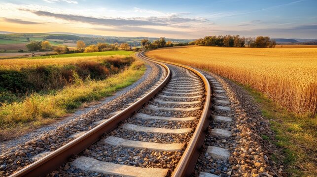 A highway running parallel to train tracks, surrounded by golden wheat fields.