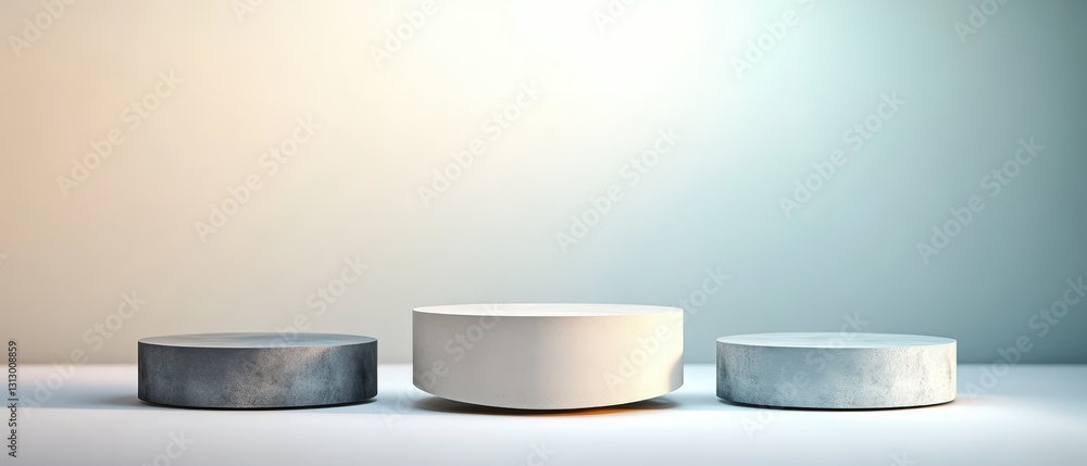 Poster a trio of concrete tables showcasing modern design elements within a subtle pastel gray background s