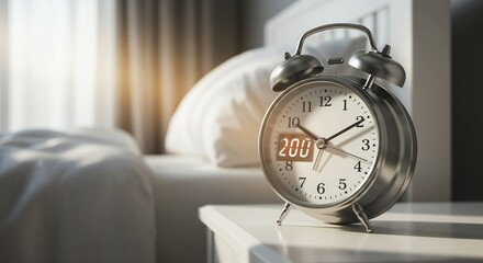 Naklejka premium Classic alarm clock showing two hundred on nightstand beside cozy bed with soft sunlight