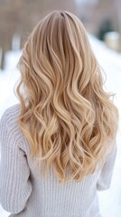 Naklejka premium A woman with long blonde hair is wearing a gray sweater
