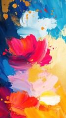 Abstract painting depicts colorful brushstrokes with golden accents and blooms