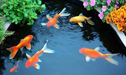 Vibrant Koi Fish Swimming in a Garden Pond