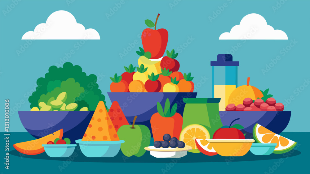 Poster piles of fresh fruits and vegetables neatly arranged on a table waiting to be chopped blended and tu