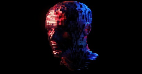 Digital head, red blue light, dark background, AI concept, tech illustration