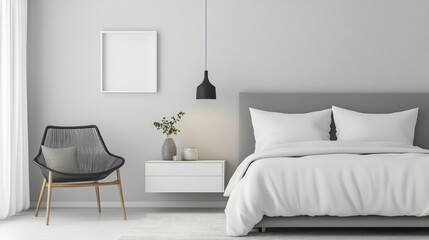 A minimalist floating nightstand with a sleek bedside lamp beside a Scandinavian-style bed.