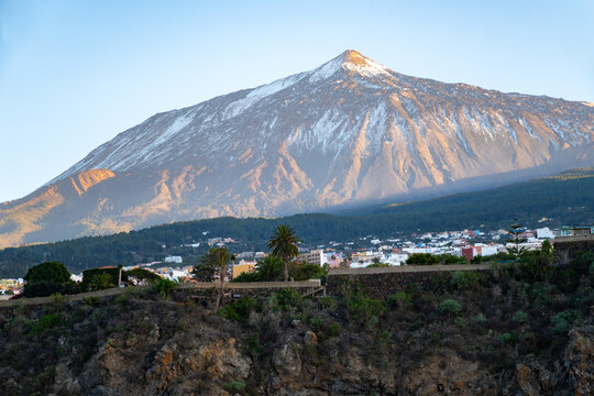 Full view on volcano Teide from Playa de San Marcos and Icod de los Vinos, north of Tenerife in January, Canary islands, Spain