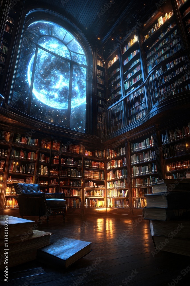 Poster A library with a large window that shows a moon in the sky