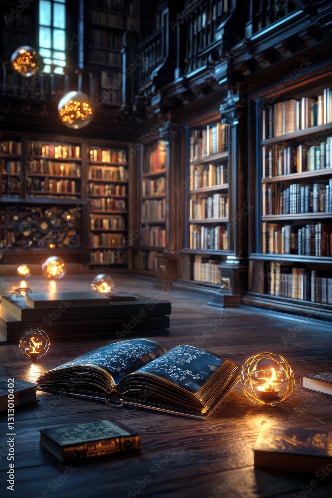 Poster A library with a book on the floor and a lighted orb on top of it