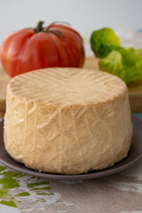 Cheese collection, piece of round fresh smoked Spanish goat cheese close up