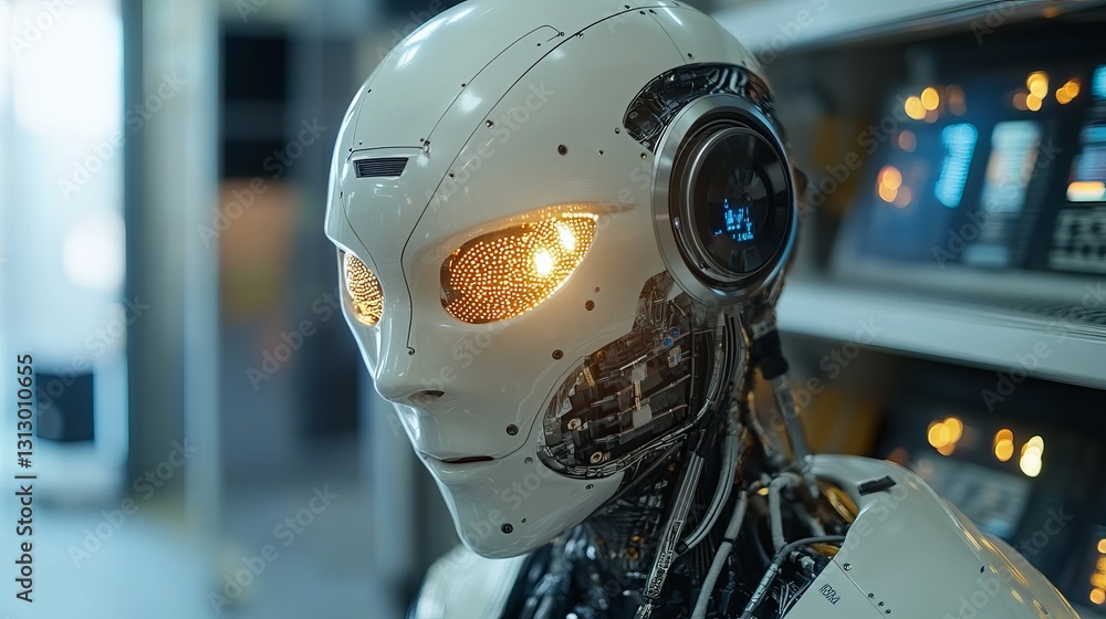 Poster advanced futuristic robot head artificial intelligence technology digital art white robotic machine 