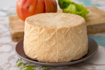 Cheese collection, piece of round fresh smoked Spanish goat cheese close up