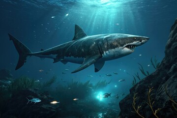 Fototapeta premium Massive megalodon shark swimming in the dark depths of the ocean, aquatic predators, shark species, large shark, apex predators