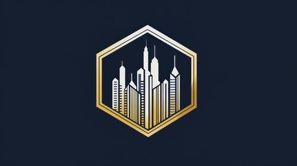 Obraz premium City skyline graphic design, hexagon frame, dark background, logo