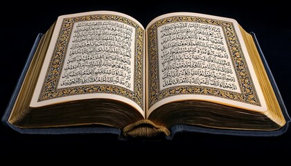 Fototapeta premium Ornate Gold Book With Arabic Script On Black Background