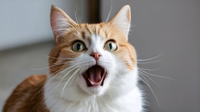 shocked orange and white cat making funny face with surprised expression