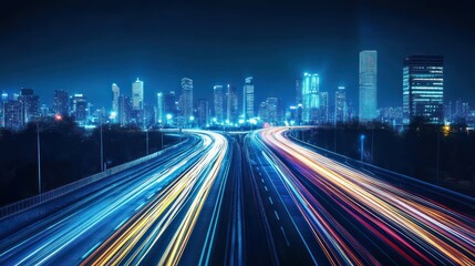 Fototapeta premium Night cityscape with illuminated highways and skyscrapers showcasing urban life.