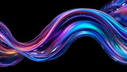Abstract fluid iridescent holographic curved wave in motion colorful gradient design on black background, Generative AI 