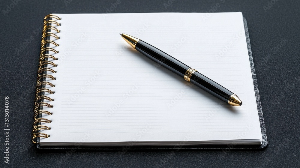 Poster a pen sits on top of a spiral bound notebook