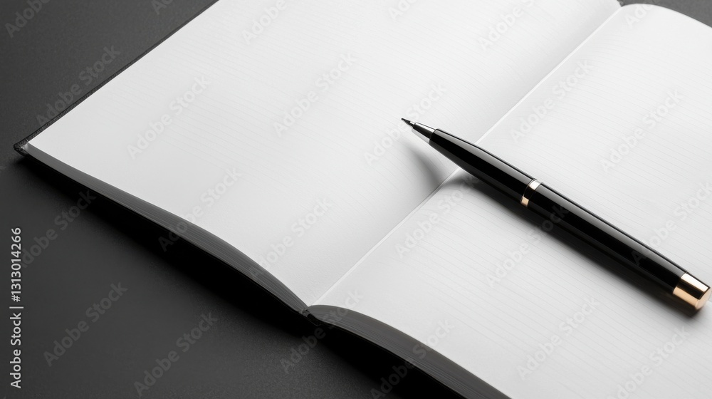 Poster a pen is sitting on top of a blank page in a notebook