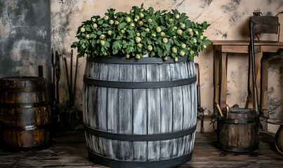 White Flowers in a Rustic Wooden Barrel Planter