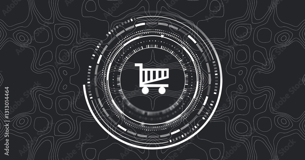 Poster shopping cart icon with digital interface image over abstract geometric background